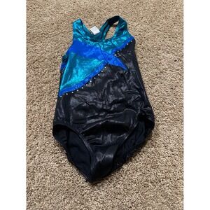Ivivva‎ Girls Gymnastics Leotard Black Teal Blue Metallic Sparkle Rhinestone LC